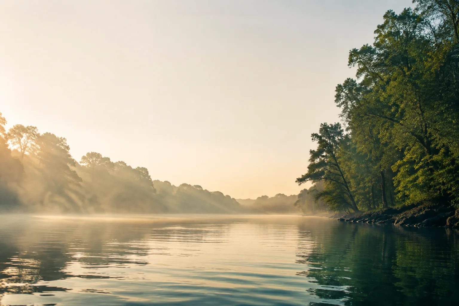 Illustrative tree-lined river at dawn